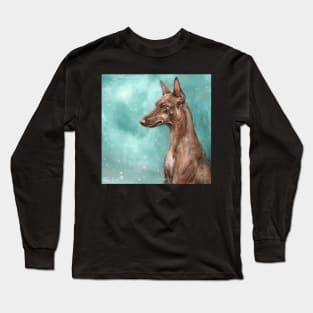 Painting of a Pharaoh Hound Dog on Green Blue Background Long Sleeve T-Shirt